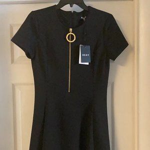 DKNY NEW BLACK A-LINE DRESS WITH GOLD ZIPPER ACCENT